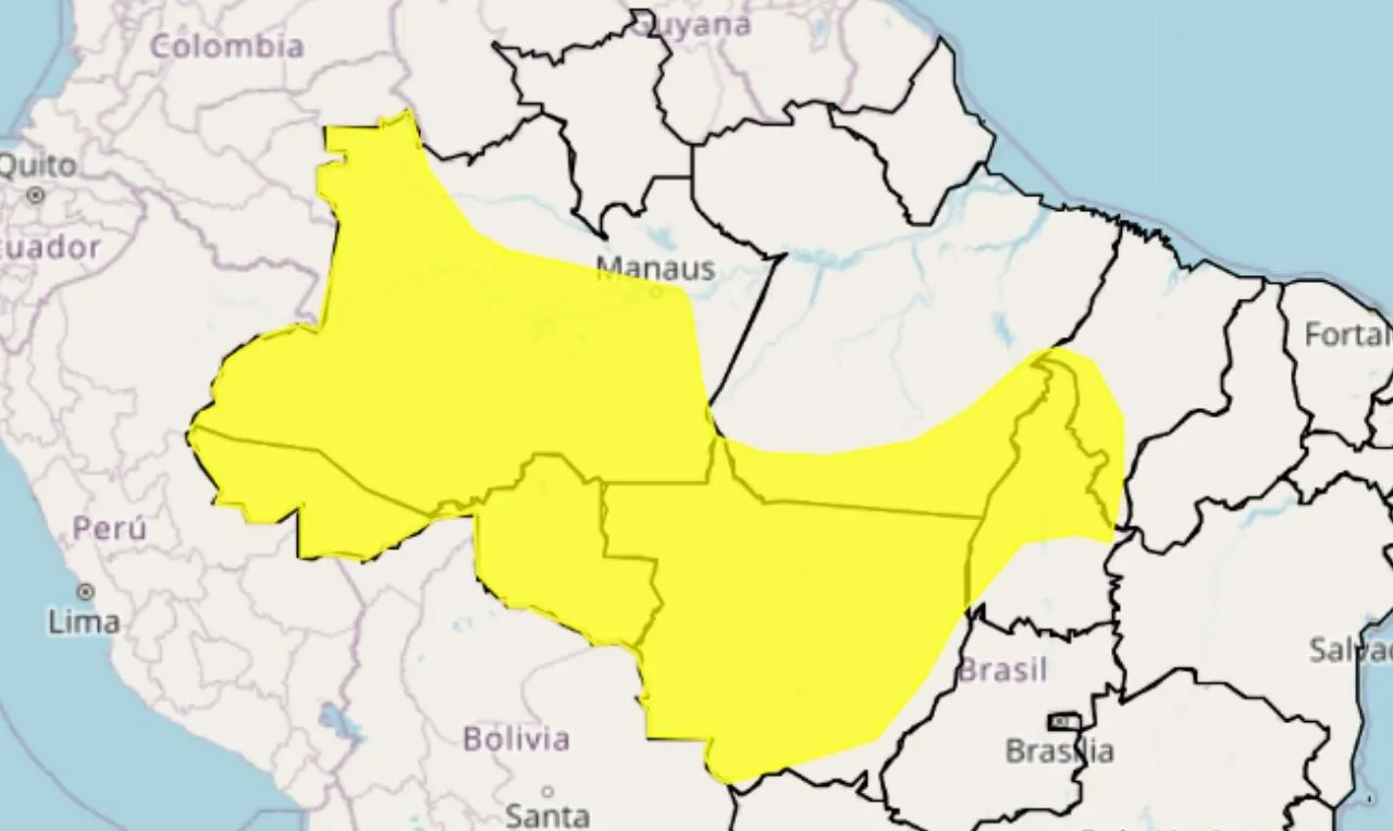 O mapa mostra as &aacute;reas em alerta para chuva intensa